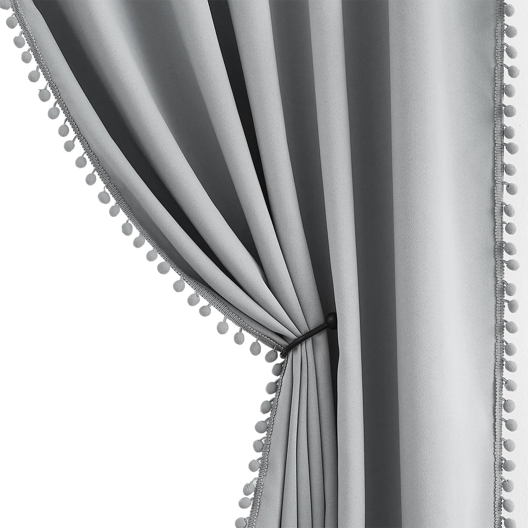 Treatmentex Blickdicht Vorhang mit Pompons Grau Vorhang mit Ösen Landhausstil Wärmeisoliert Thermovo