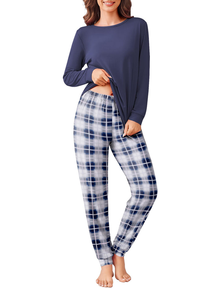 Ekouaer Schlafanzug Damen Lang Kuschelig Pyjama Set mit Bündchen Kariert Pyjamahose mit Tasche Blau