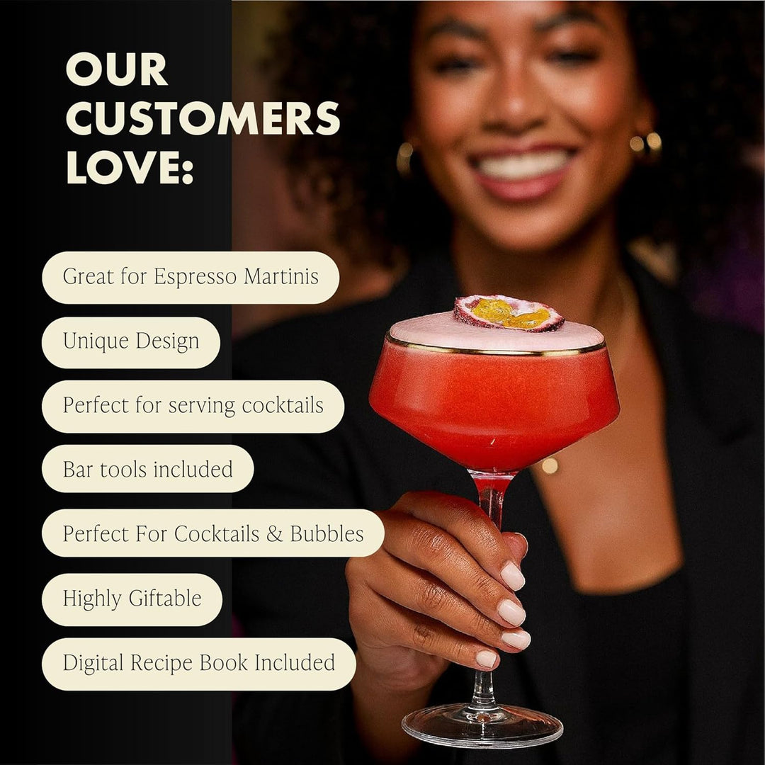 Luxus Martini Gläser Cocktailgläser Set von 4 mit Gold Rändern | Inklusive Gold Cocktail Löffel, Aus
