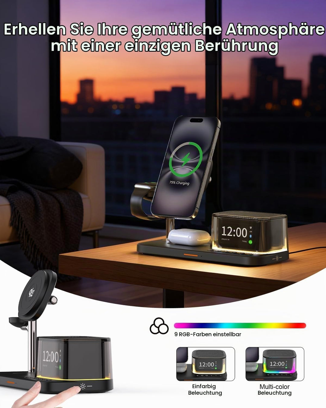 7-in-1 kabelloses Ladegerät, Bluetooth-Lautsprecher mit Wecker, Qi 2.2 25W Handy-Schnellladung, Stim