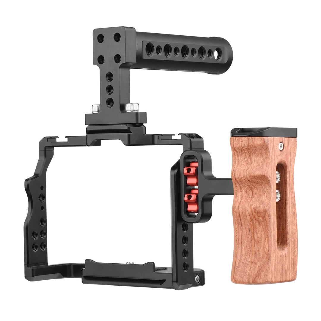 Andoer Andoer Camera Video Cage + Handle + Side Wooden Grip Kit Aluminiumlegierung mit Dual Cold Sho