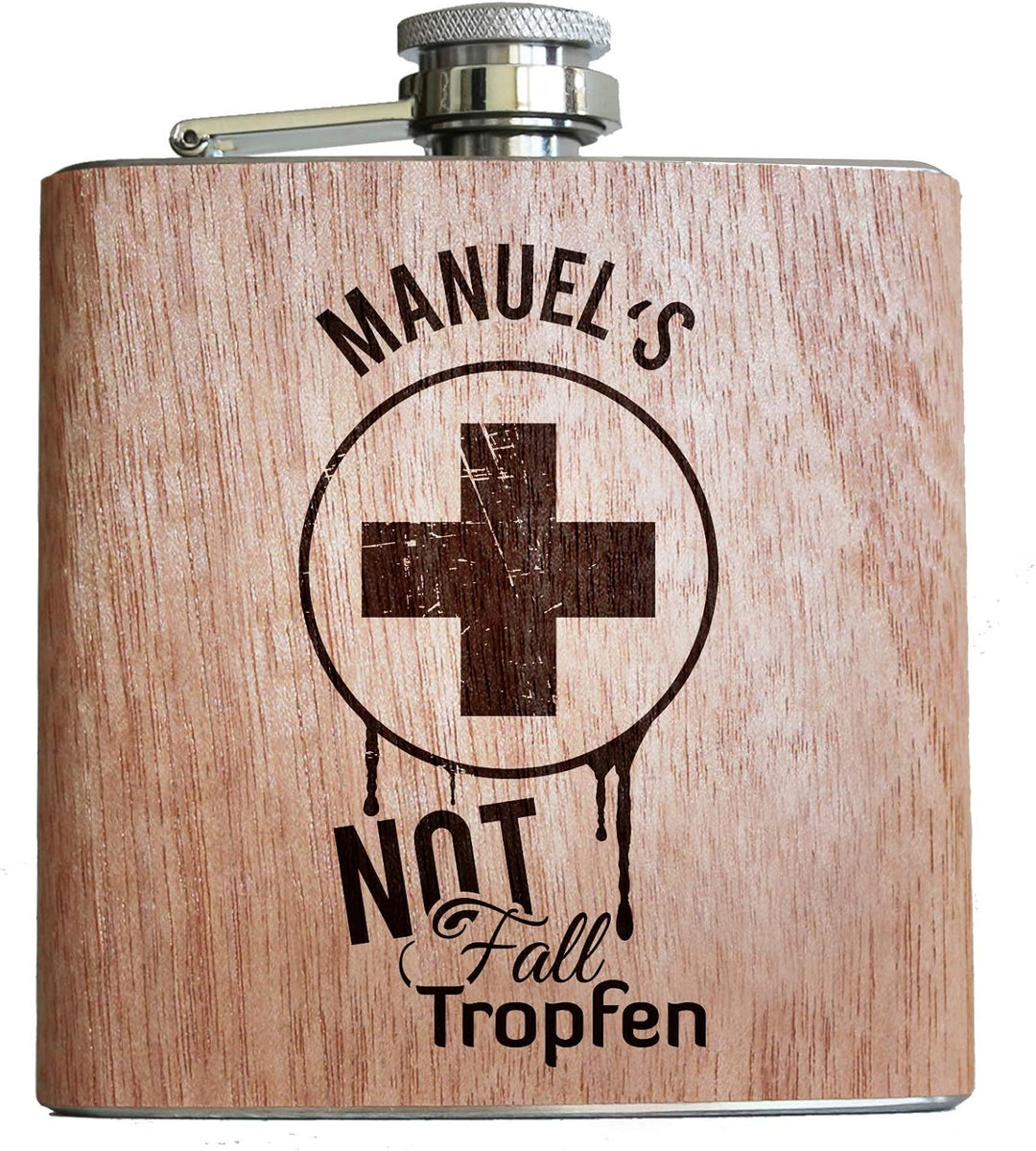 Holz Flachmann Notfalltropfen, mit persönlicher Namens Gravur! Lustige und individuelle Geschenk Ide