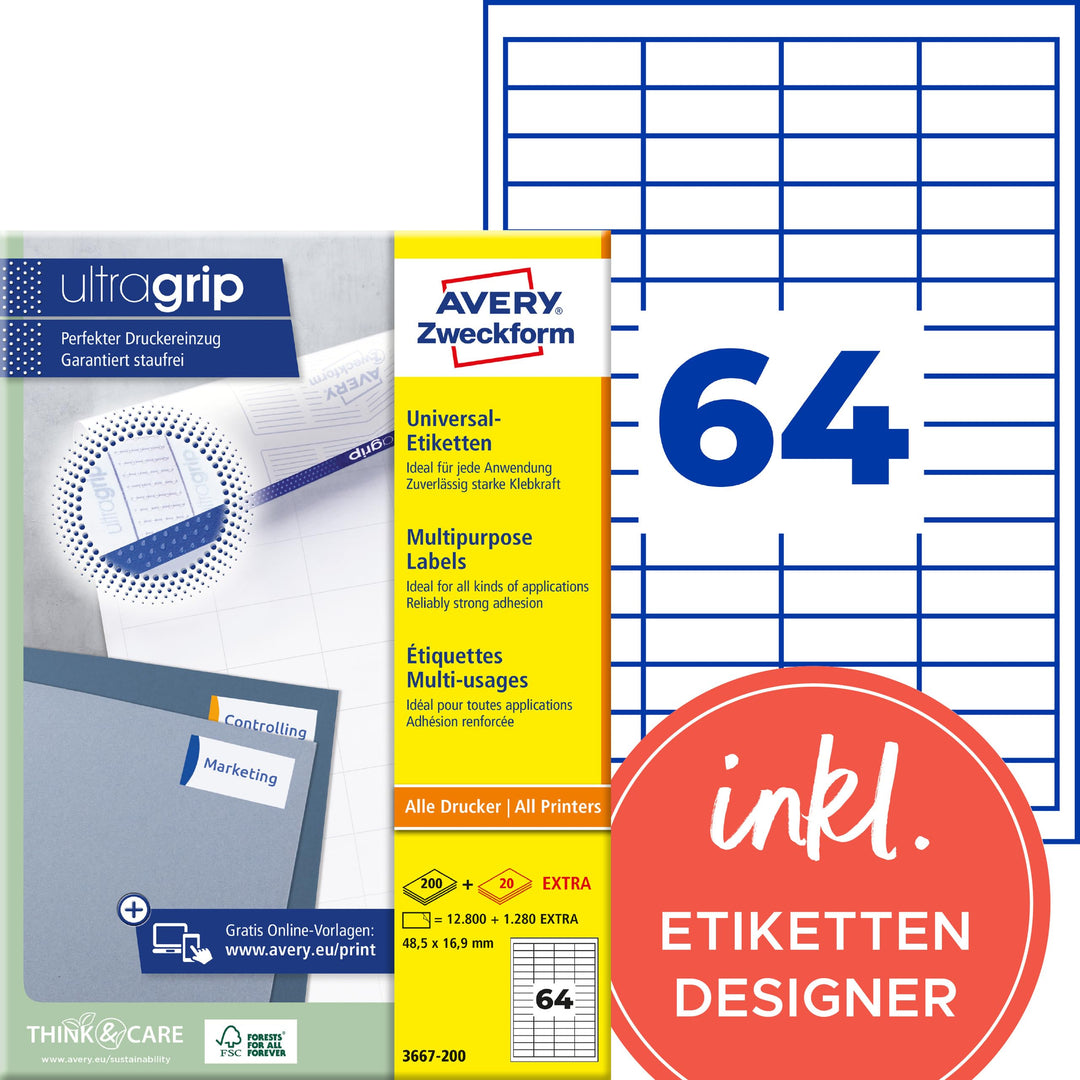 AVERY Zweckform 3667-200 Universal Etiketten (12.800 plus 1.280 Klebeetiketten extra, 48,5x16,9mm au