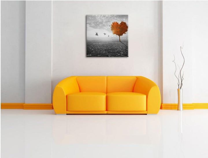 Pixxprint Roter Herzbaum im Herbst schwarz/weiss, Format: 70x70 auf Leinwand, 70x70