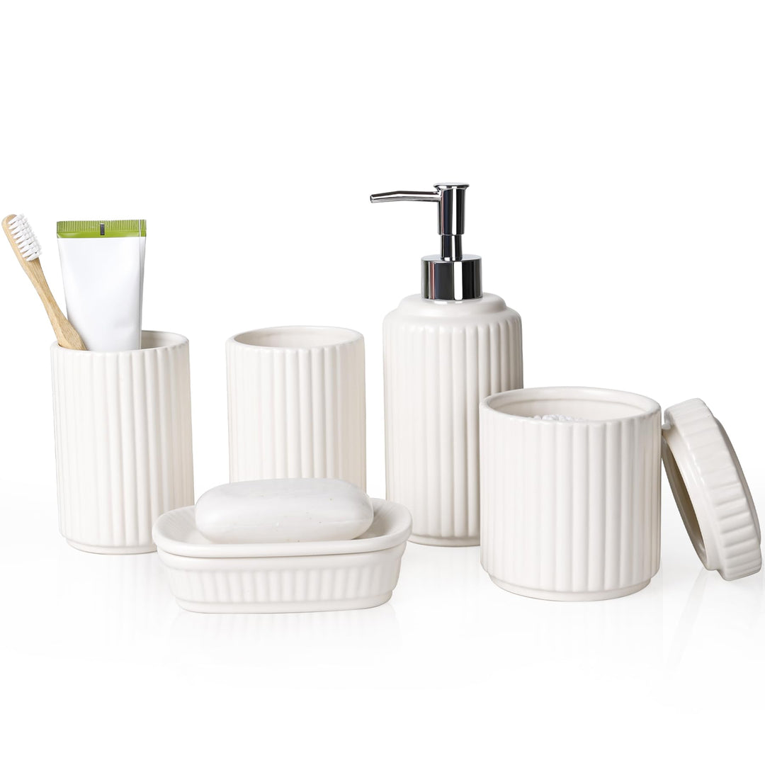 NOVAJOY Badezimmer Set Keramik – 5 Teile, Badezimmer Organizer mit Seifenspender, Seifenschale, Zahn