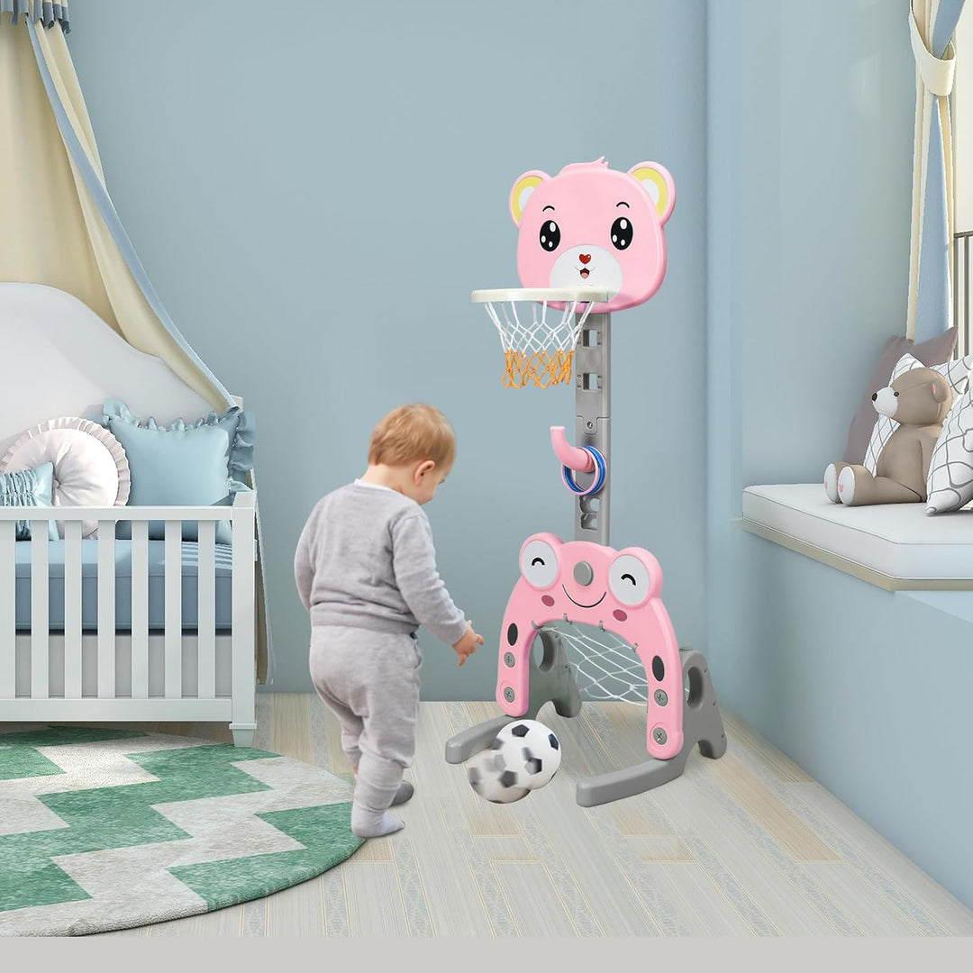 HOMASIS 3 in 1 Kinder Basketballkorb Set, multifunktional Basketballständer mit Fussballtor & Ringwu
