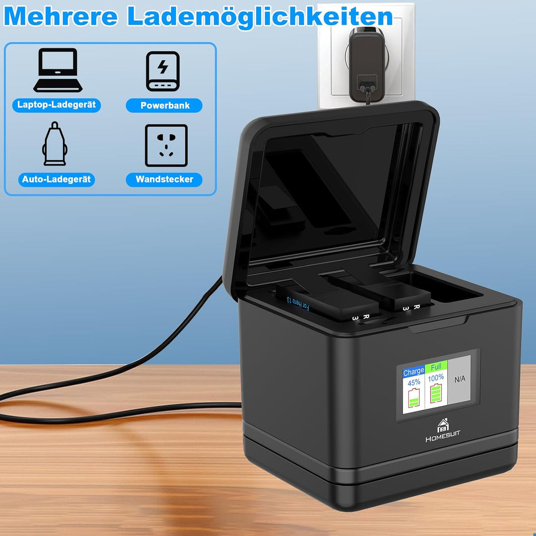 Homesuit Hero 13 Akku 2300mAh und LCD 3-Kanal USB Speicherladegerät für GoPro Hero 13 Black Enduro W