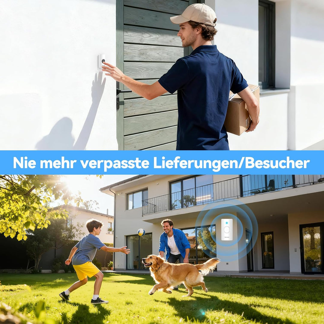TECKNET Funkklingel, IP67 Türklingel-Set Aussen wasserdicht, 400M Reichweite, Batteriebetrieben mit