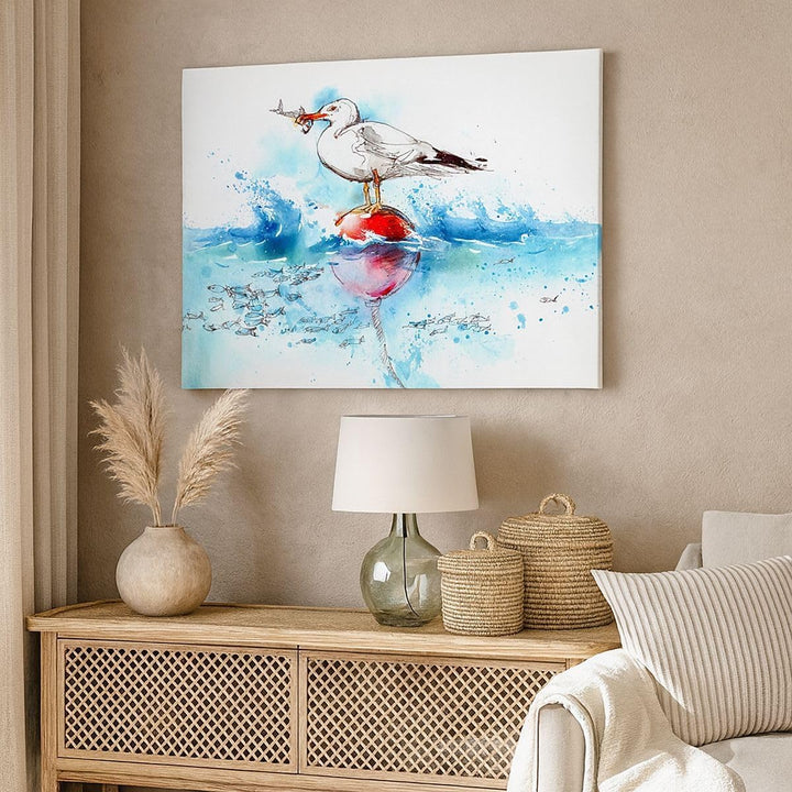 Bilder auf Leinwand Wasser Fische Möwe hungrig Leinwandbild 70x50cm Wandbilder Dekoration Wohnzimmer