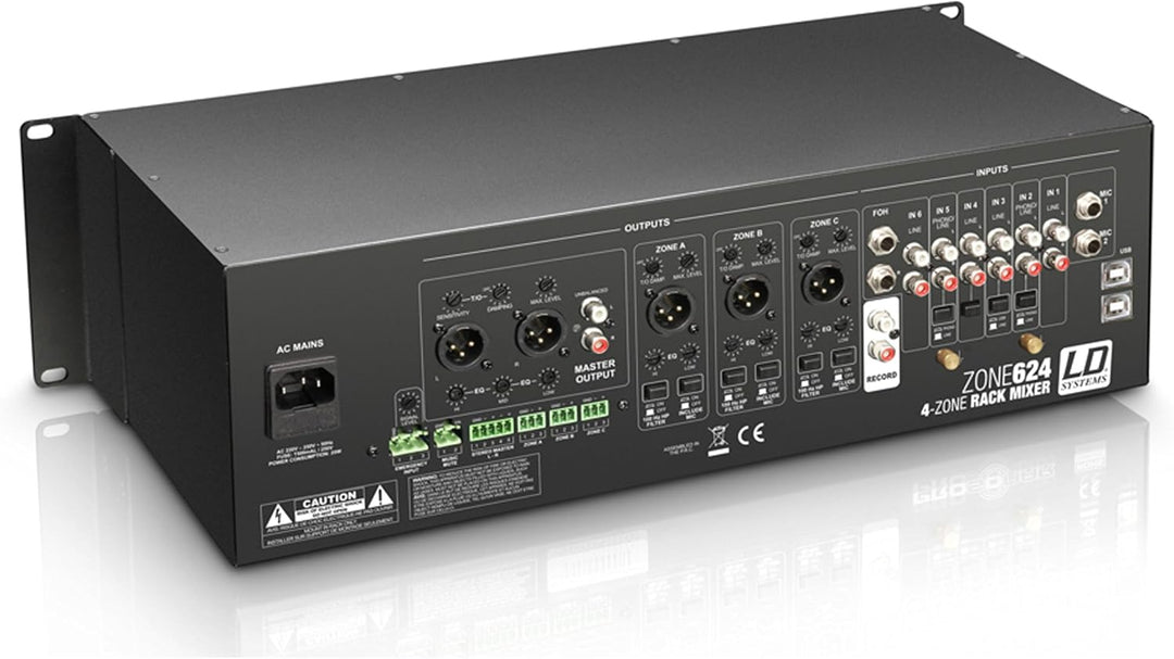 LD Systems ZONE 624-19" 4-Zonen Mixer mit 2 Mikrofonkanälen und 3HE, schwarz 4-Zonen Mixer 3HE, 4-Zo