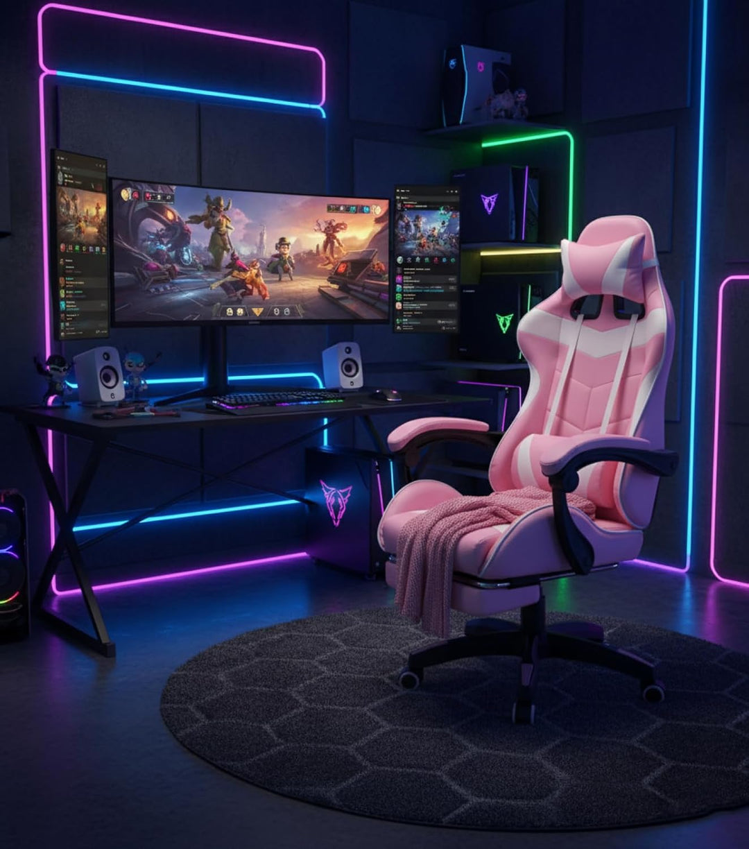 Gaming Stuhl mit Fussstütze Cyclone Teenager - Bürostuhl - Racing Gaming Stuhl - Rosa Weiss