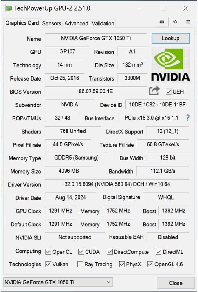 GTX 1050 Ti Grafikkarte für PC, 4GB GDDR5 128-bit, HDMI DisplayPort DVI-D, Computer GPU, Gaming Graf