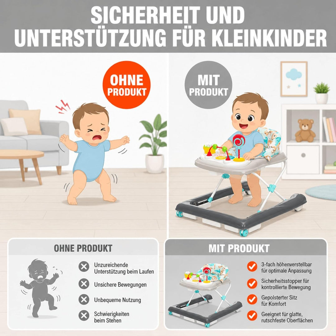 Fillikid Lauflerngerät höhenverstellbar 3-fach mit Sicherheitsstopper | 4 Rollen, ergonomischer Sitz
