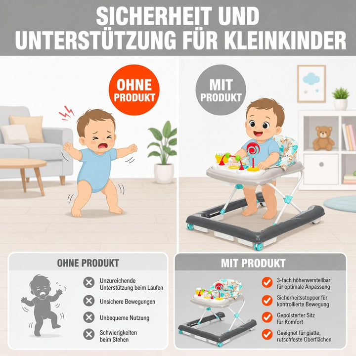 Fillikid Lauflerngerät höhenverstellbar 3-fach mit Sicherheitsstopper | 4 Rollen, ergonomischer Sitz