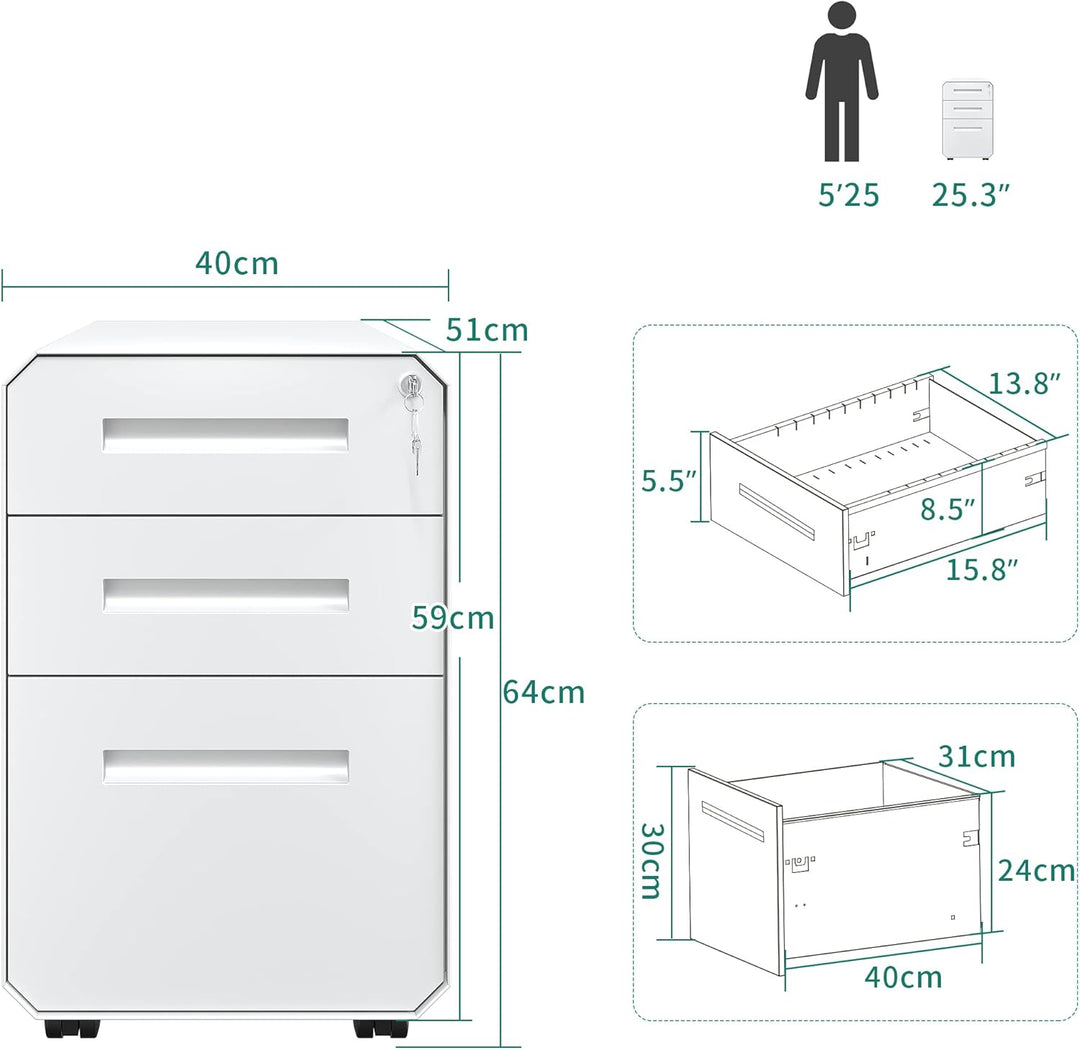 YITAHOME Metall Rollcontainer mit 3 Schubladen, Abschliessbar Aktenschrank für Legal, Letter, Mobile