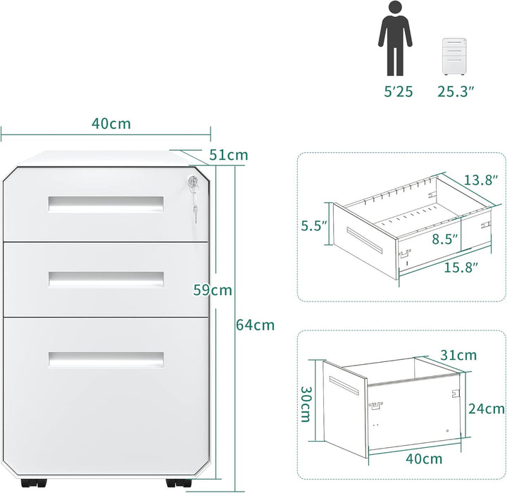 YITAHOME Metall Rollcontainer mit 3 Schubladen, Abschliessbar Aktenschrank für Legal, Letter, Mobile