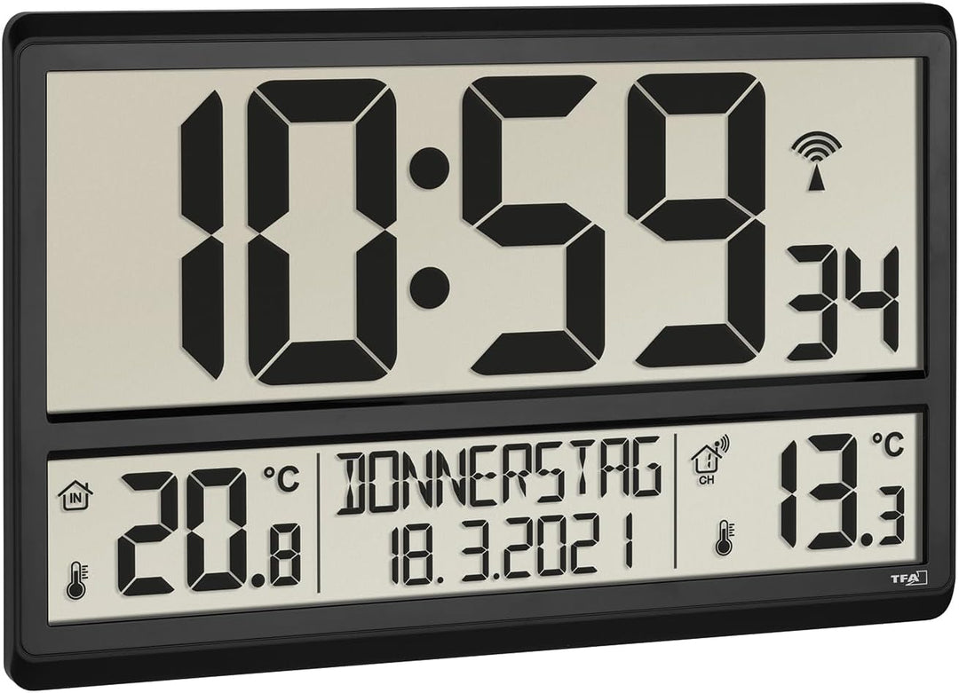 TFA Dostmann Digitale XL Wanduhr, 60.4521.01, mit Aussentemperatur, Innentemperatur, Wochentag (8 Sp