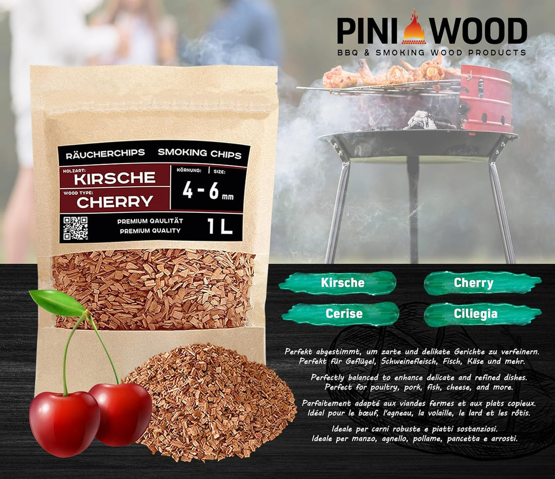 PINI Räucherchips Set 5x1 Liter Woodchips optimale Körnung 4-6 mm sortenreine Räucherspäne Buche Eic