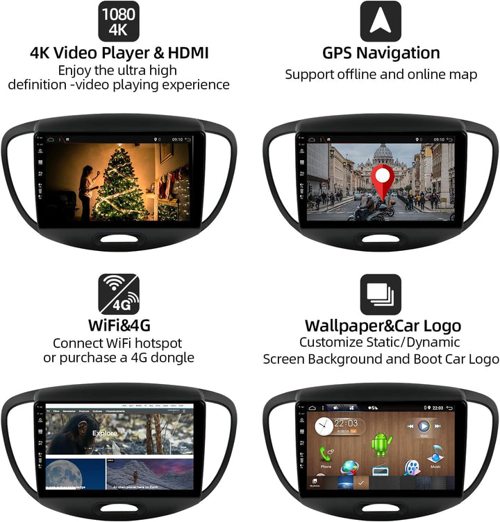 PX6 Android 12 IPS Autoradio Passt für Hyundai I10 (2007-2013) - 4G+64G - Rückfahrkamera KOSTENLOS -