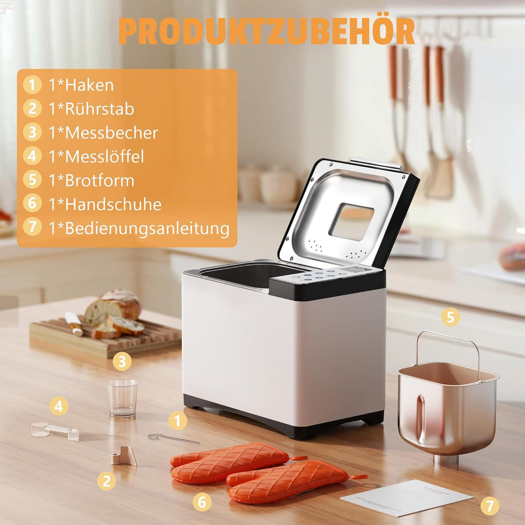 Karinear Brotbackmaschine, 20 Programmfunktion Brotbackautomat mit Handschuhen, 15-Stunden-Zeitvorwa