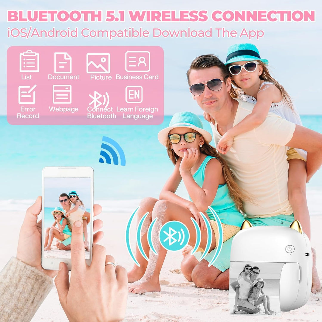 Mobiler Fotodrucker für Android & iOS - Mini Bluetooth Drucker, Wireless mit 14 Rollen Papier für Jo