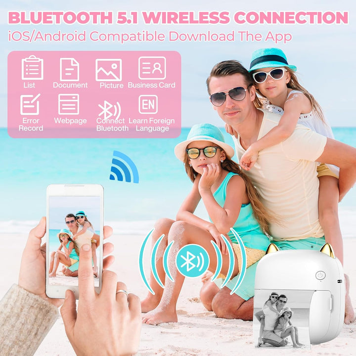 Mobiler Fotodrucker für Android & iOS - Mini Bluetooth Drucker, Wireless mit 14 Rollen Papier für Jo