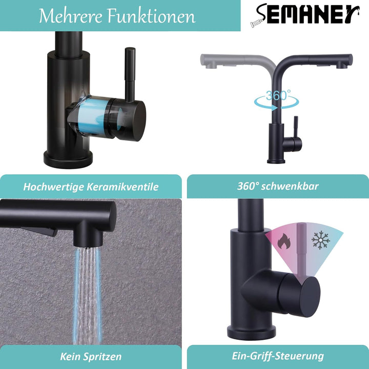 Wasserhahn Küche Schwarz, SEMANEY Hochdruck Küchenarmatur mit Brause Ausziehbar Zwei Strahlarten, Sp