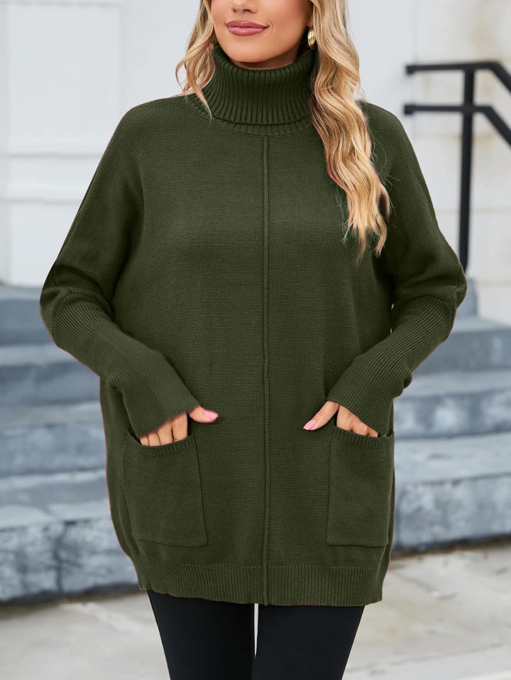 Famulily Basic Dicke Warm Herbst Winter Fledermausärmel Strick Damen Rollkragenpullover Mit Taschen