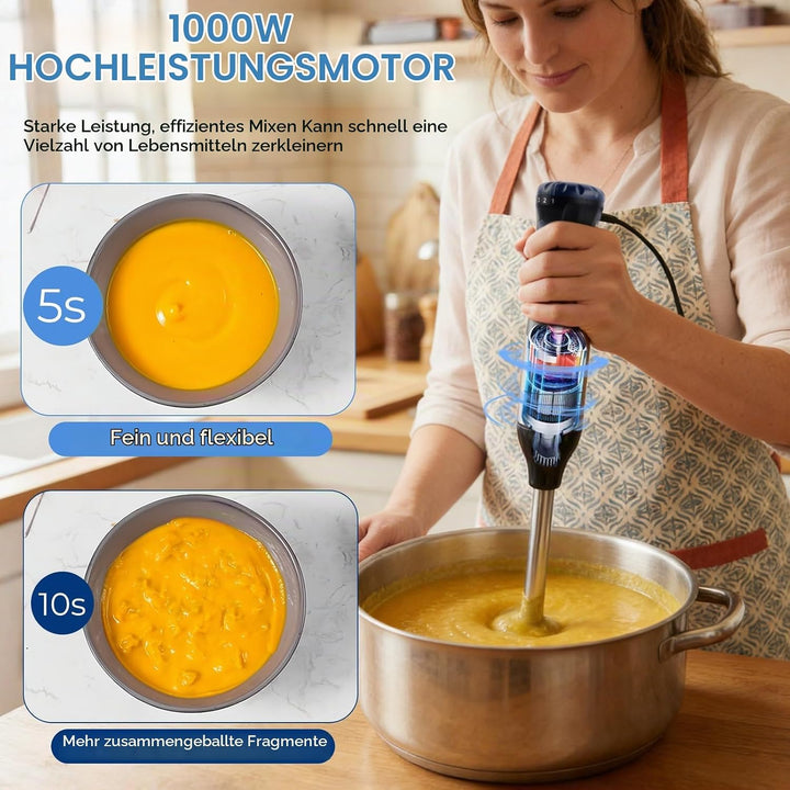 4-in-1 Stabmixer Edelstahl, 1000W Pürierstab mit 5 Geschwindigkeiten und Turbo-Modi, Schneebesen, 50