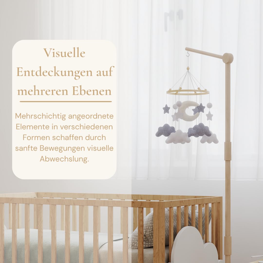 Mondwolke Baby Mobile für Babybett, handgemachtes Filz Mobile Baby in Grau und Weiss, Mobile Babybet