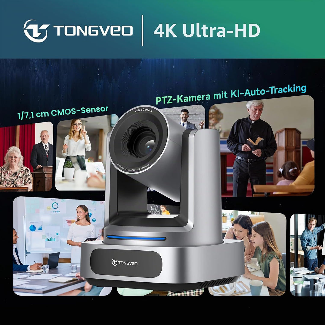 TONGVEO AI 4K PTZ Kamera mit Auto-Tracking, 10-facher optischer Zoom Videokonferenzkamera, HDMI &amp; US