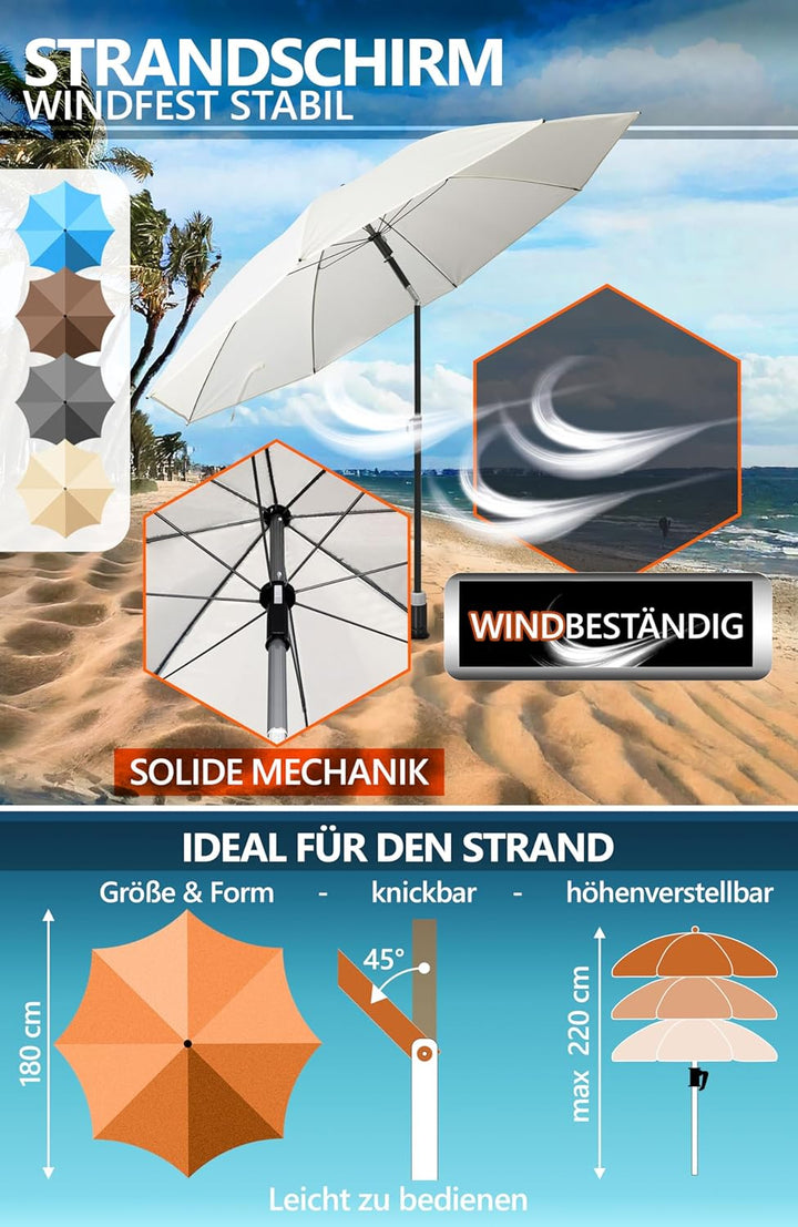 4smile Sonnenschirm Strand SunnyJoy, 3-in-1 SET, Beige - UPF 50+ Strandschirm Ø 160 cm + Sonnenschir