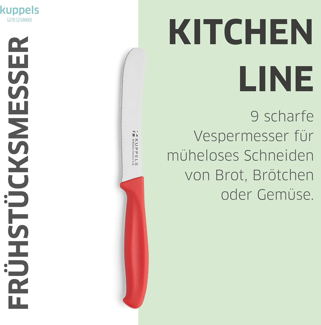 Kuppels KITCHEN LINE Frühstücksmesser Set 9 teilig mit Wellenschliff rot, scharfes Brötchenmesser, K