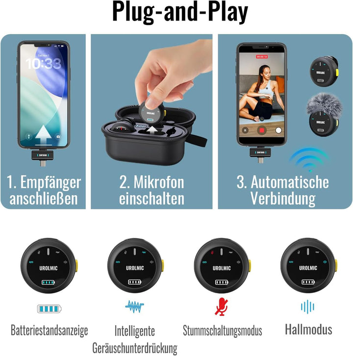 2-in-1 Lavalier-Mikrofon, 40 Std Akku, Profi-NR, Magnetbefestigung, 55m Reichweite, für IOS & Androi