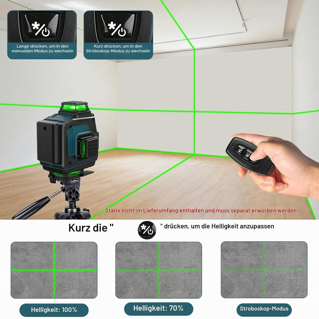 QUPERR 4D Kreuzlinienlaser Grün, 4x360° selbstnivellierende Laser Wasserwaage mit 16 Linien, Linienl