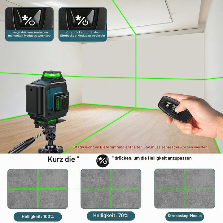 QUPERR 4D Kreuzlinienlaser Grün, 4x360° selbstnivellierende Laser Wasserwaage mit 16 Linien, Linienl