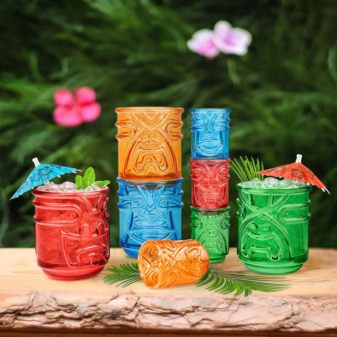 Final Touch TIKI Stapelbar TUMBLERS Glas Cocktailgläser COLOURED Farben 355ml Hawaiian Themed 4 Stüc