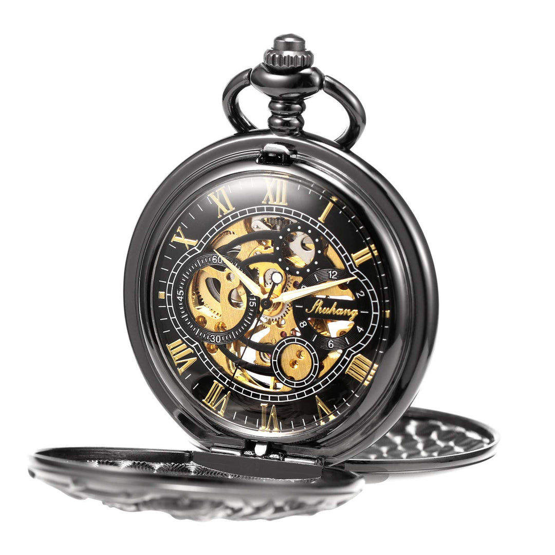 TREEWETO Unisex Taschenuhr mit Kette Analog Handaufzug Doppelscharnier Antik Drache Skelett Bronze 4