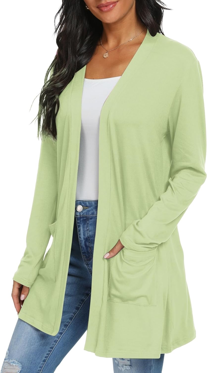 QIXING Casual Leichte Strickjacke Damen Lang Elegant Dünne Strickjacke Lange Ärmel mit Taschen Open