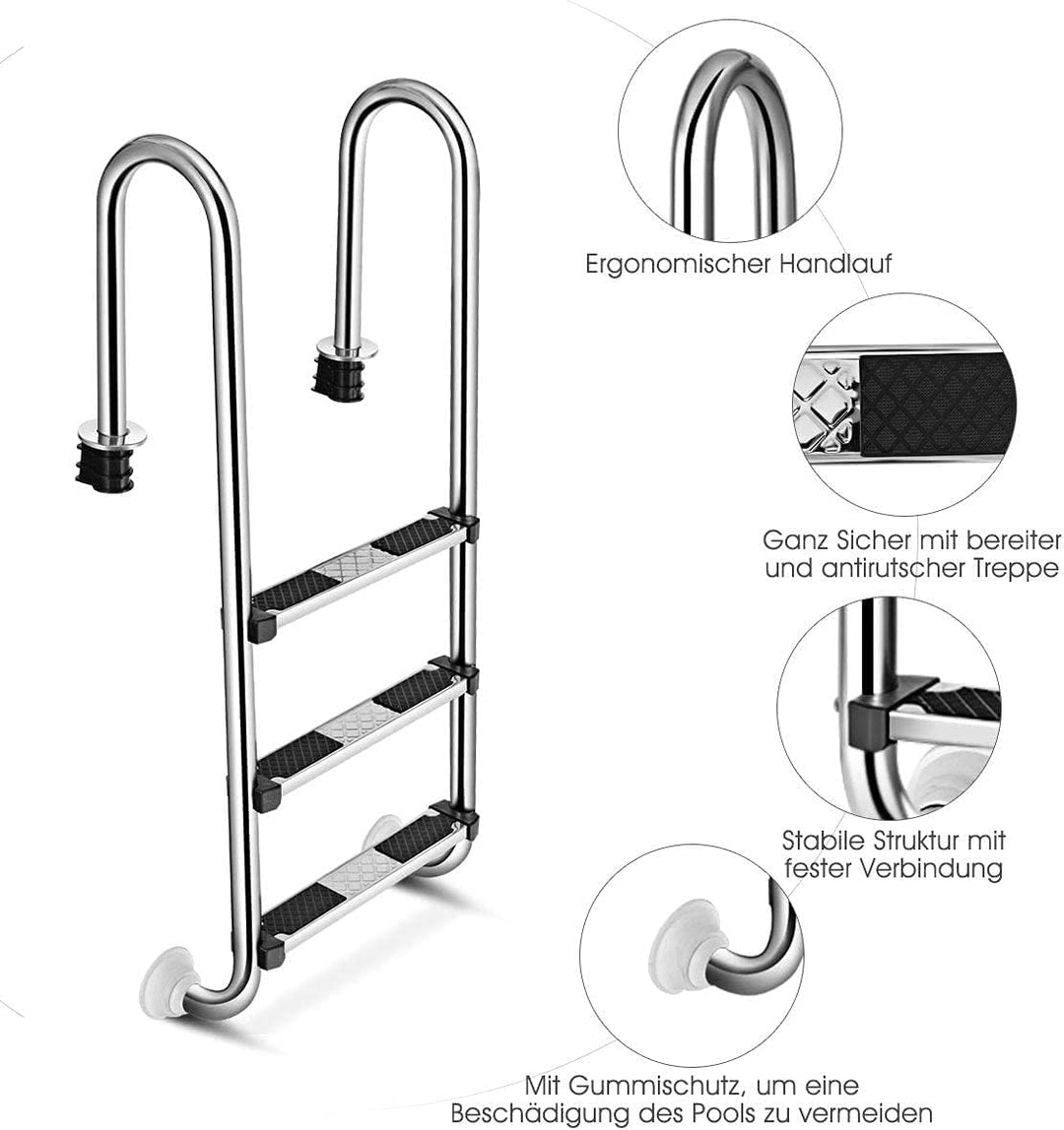 RELAX4LIFE Edelstahl Poolleiter, Schwimmbadleiter mit 3 Stufen, Einstiegsleiter Silber, 55 x 26 x 13