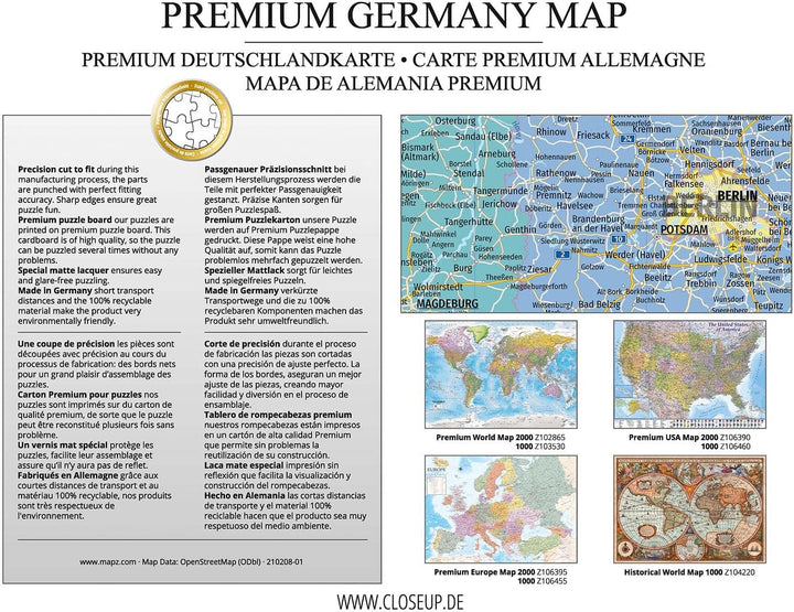 Close Up Deutschland Puzzle 2000 Teile - Karte - 68,8 x 96,6 cm Premium Map 2021 - MAPS IN Minutes,