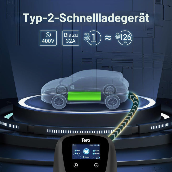 Tera EV Ladegerät Smart APP mit 32A Typ 2 22kW oder 11kW Heim Ladestation 400V CE & TÜV Wallbox 7m L