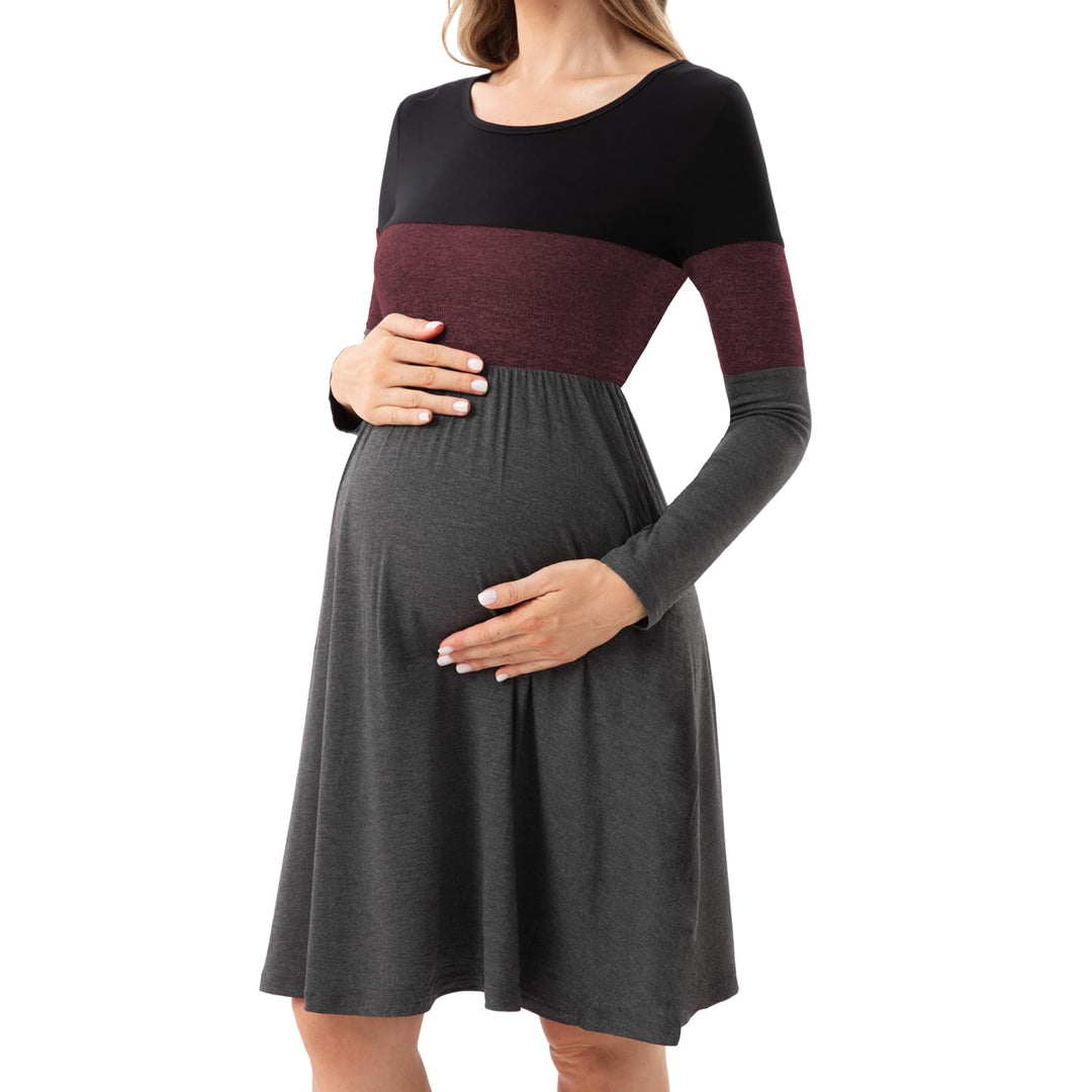Bearsland Women’s Long Sleeve Maternity Dresses Patchwork Pregnancy Dress with Pocket XXL Barn Red,