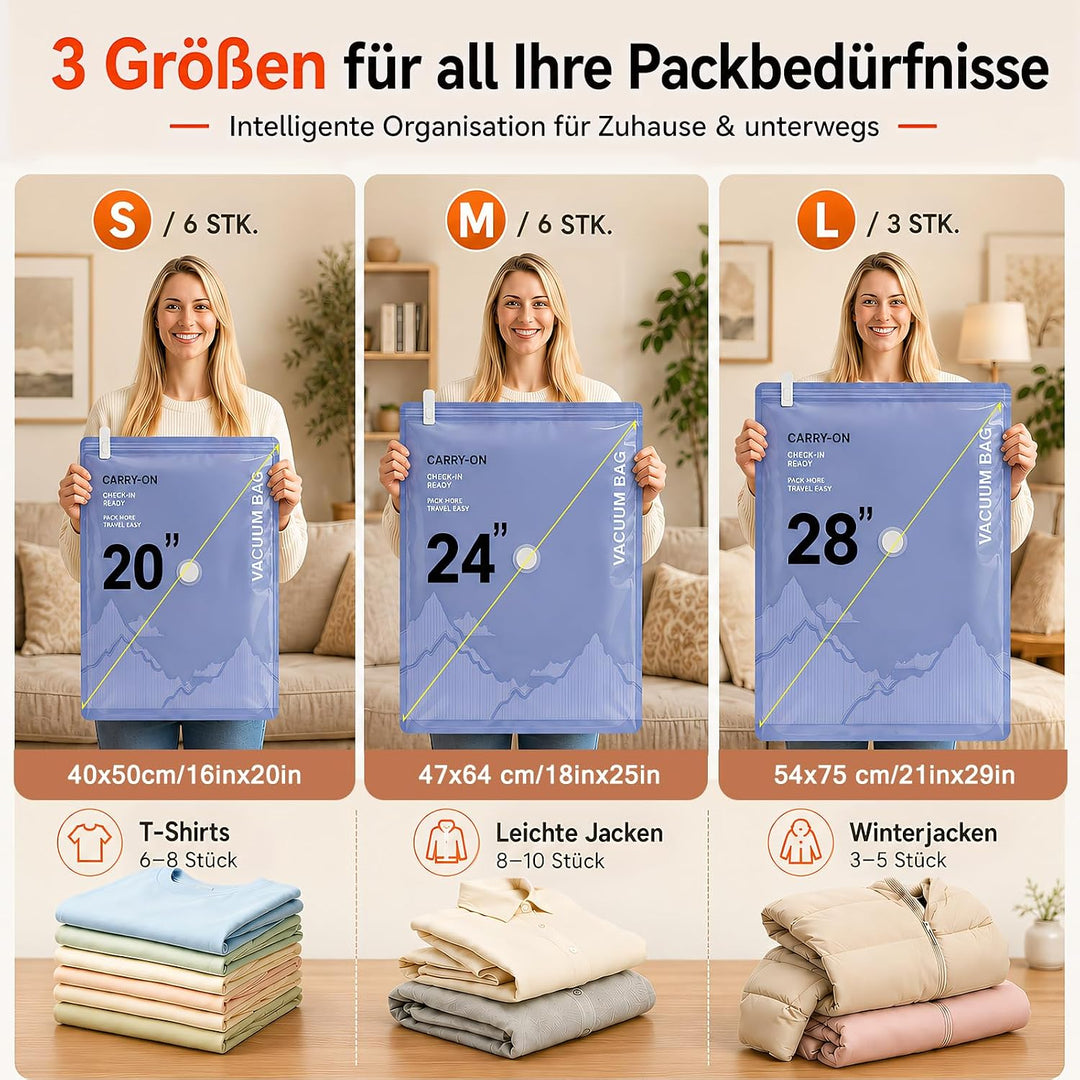 Vakuumbeutel für Kleidung mit Kabelloser Vakuumpumpe in Orange, 17 Stück Wiederverwendbare Vakuumier