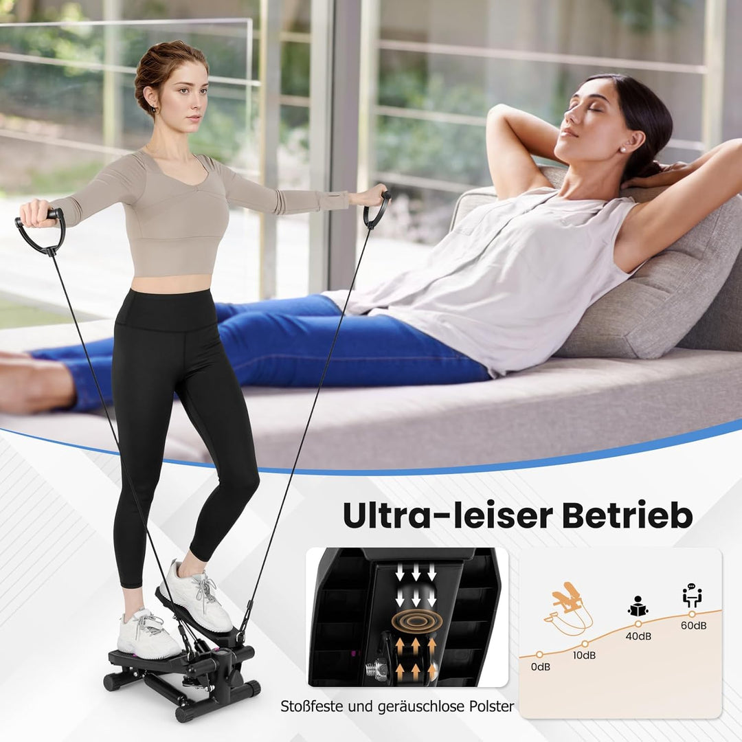 GYMAX Mini Stepper für Zuhause, Up-Down Stepper mit Power Ropes, LCD-Monitor & 5-stufige höhenverste