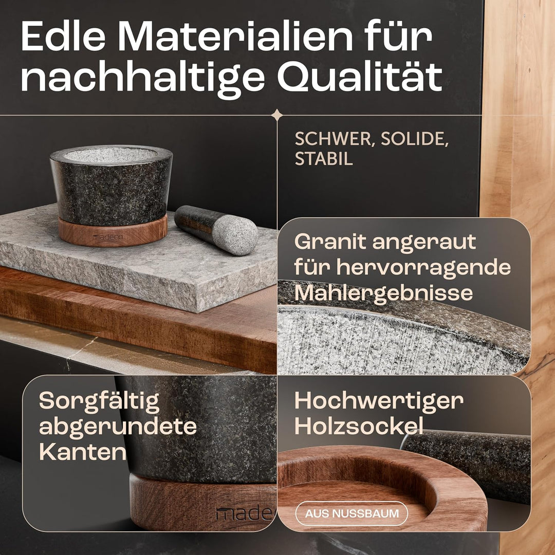 madeco Mörser mit Stössel Granit auf Holzsockel Nussbaum Ø 14,5 cm - Perfekt geeignet für Gewürze, K