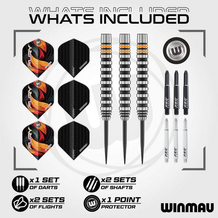 WINMAU Fury Wolfram-Dartpfeile mit Prismenflügeln und Vecta-Schäften (Stiele), 22–28 g, 28 g
