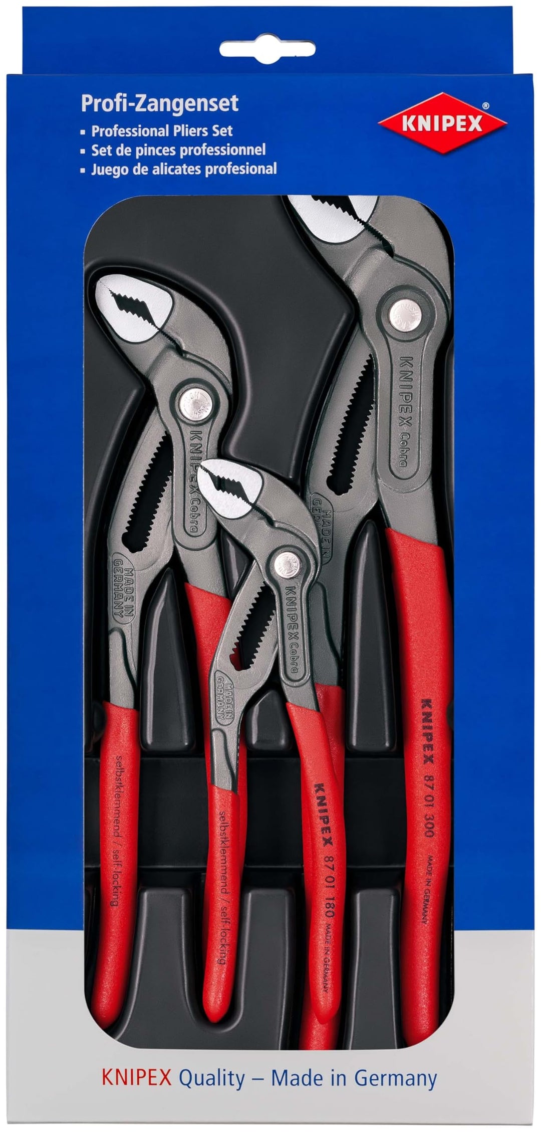 KNIPEX Cobra®-Paket Wasserpumpenzangen-Set, 3-teilig, 150 bis 300 mm, Selbstklemmeffekt, Zangenset,