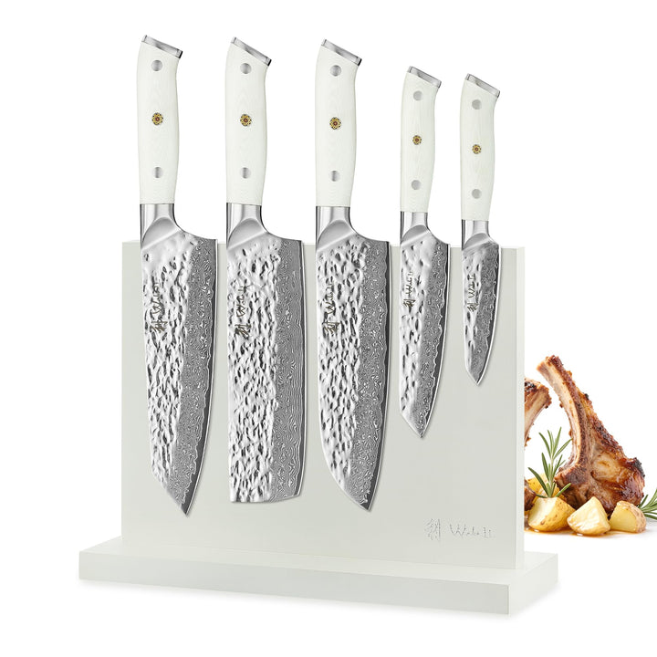 Wakoli Perle Blanche Damastmesser-Set mit Messerblock | 5-teilig, 9–20 cm Klingen aus 67 Lagen Damas