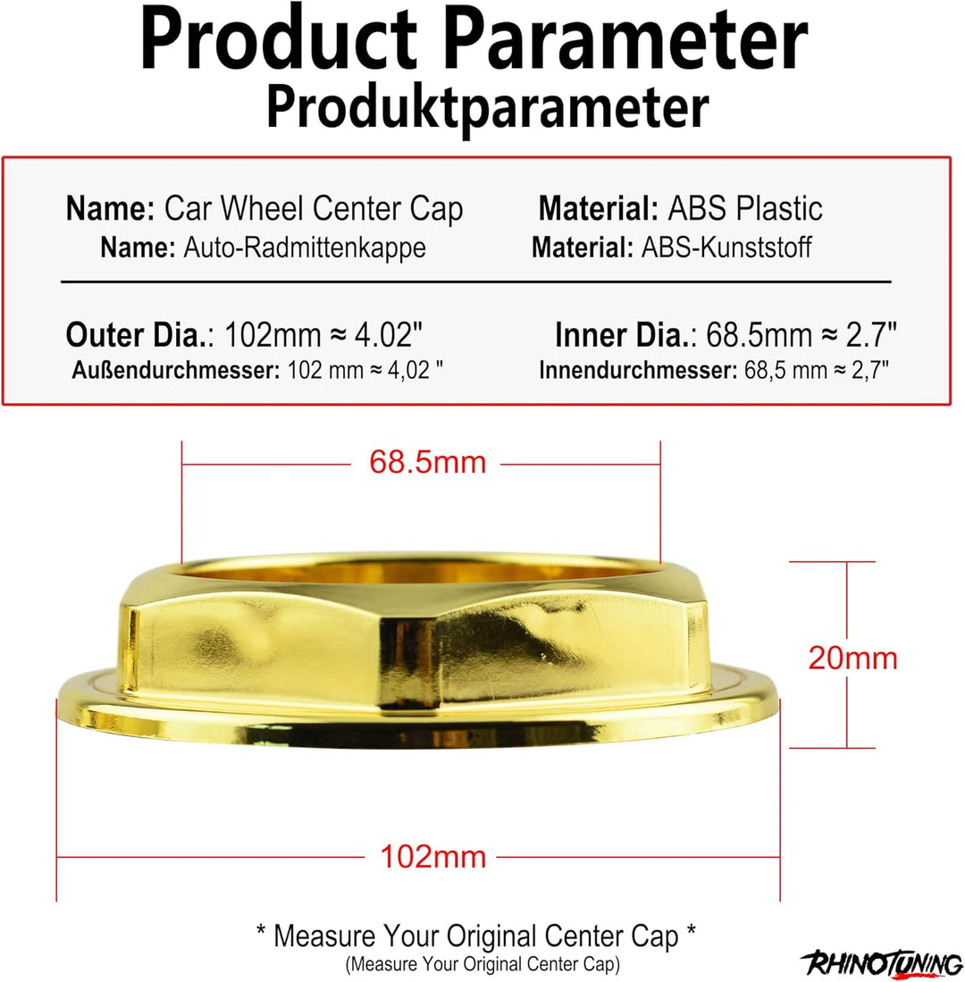 4 x 102mm Rad Nabenkappen Nabendeckel Radkappenclip Golden ABS-Kunststoff für 09.23.131 Gold OD 102m